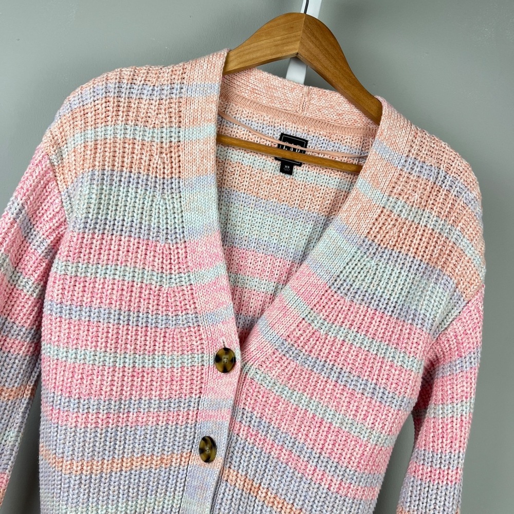 GAP Cardigan Sweater Womens XS Multicolor Pastel Stripe 100% Cotton Chunky Knit